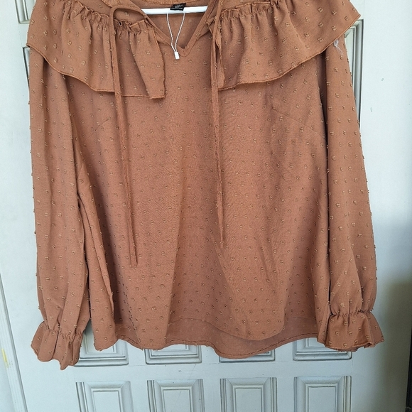 Shein Curve SzOXL Robin Hood Blouse Earth Brn Long Sleeves Dbl Ruffle Yoke/Cuffs - Picture 12 of 12